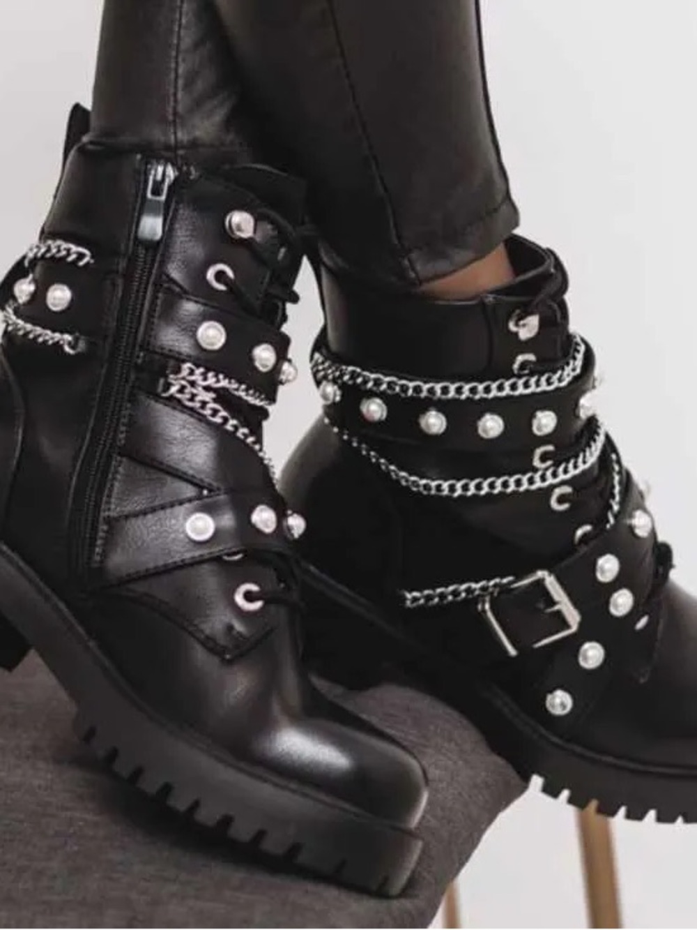 Zara Leather Black Pearl-Embellished Combat Boots - Women